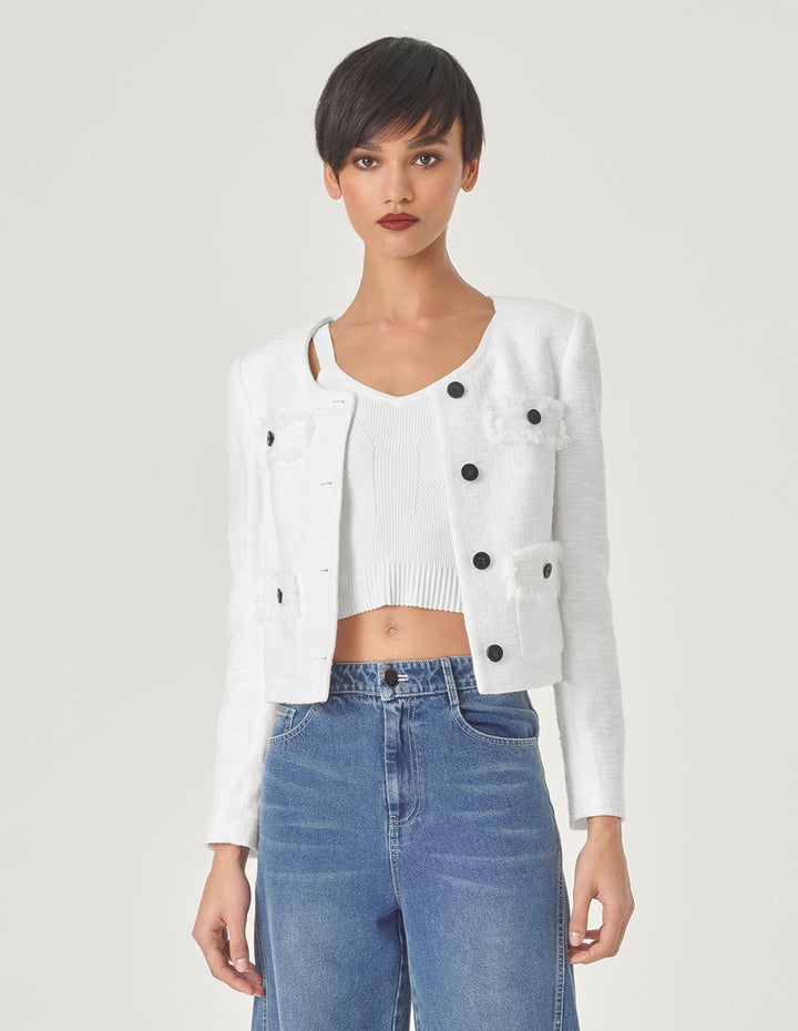 MARYLING White U-Shaped Collar Box Silhouette Short Jacket