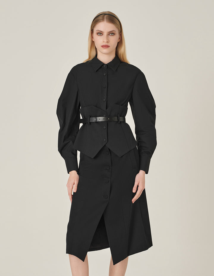 MARYLING Shirt Collar Patchwork Waisted Long Sleeve Jacket