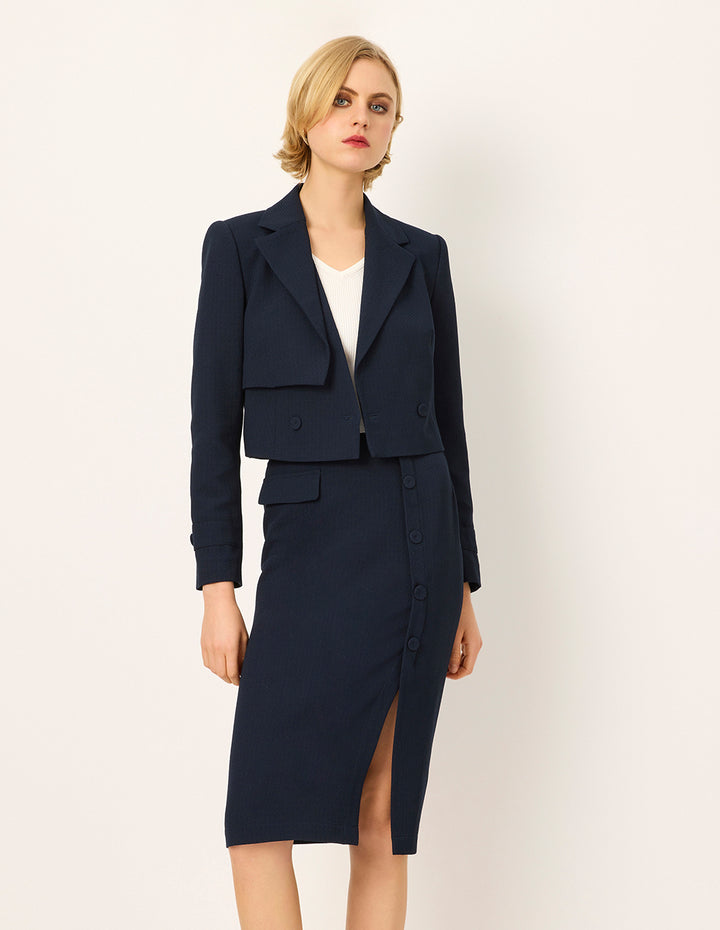 MARYLING Notched Lapel Long-Sleeve Double-Breasted Cropped Blazer
