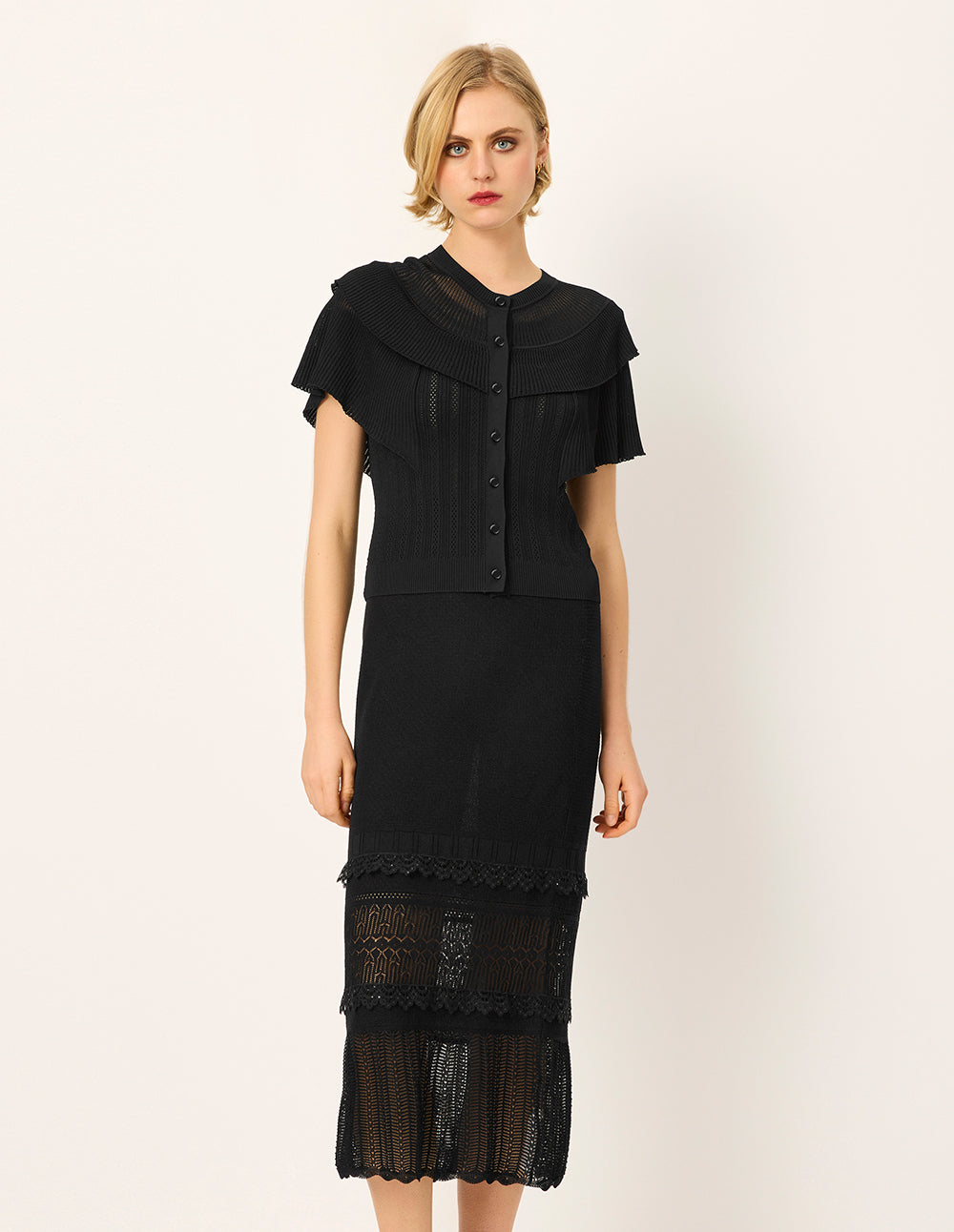 MARYLING Round Neck Double Layer Ruffled-Trim Knit Cardigan