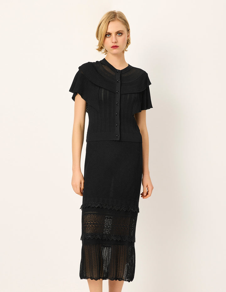 MARYLING Round Neck Double Layer Ruffled-Trim Knit Cardigan