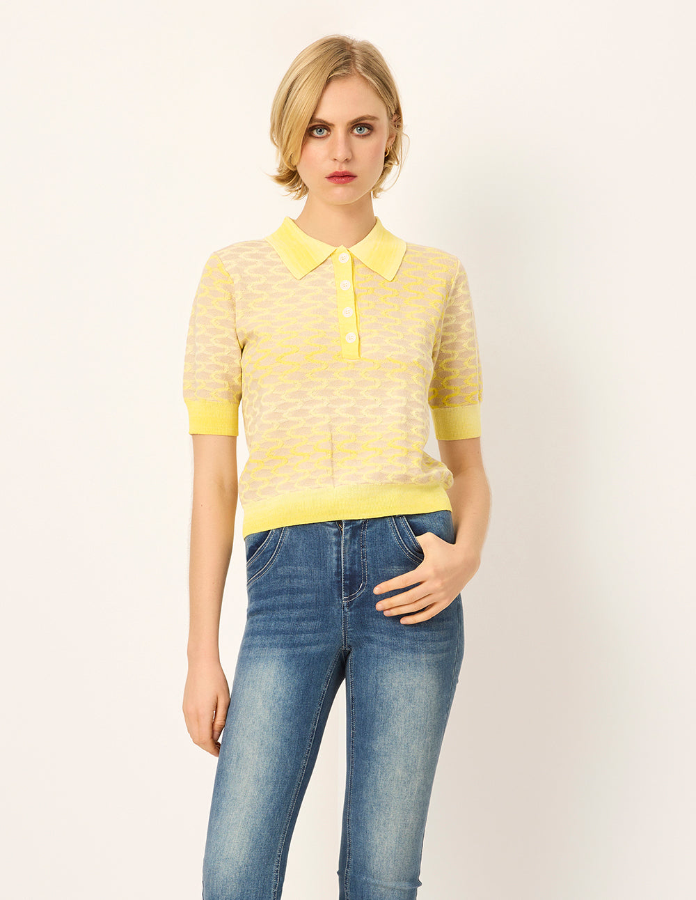 MARYLING Shirt-Collar Short Sleeve Gradient Yellow Knit Pullover