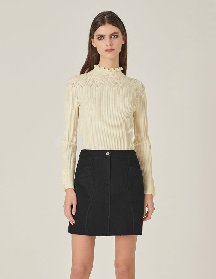MARYLING Cream Ruffle-Turtleneck Knitted Sweater