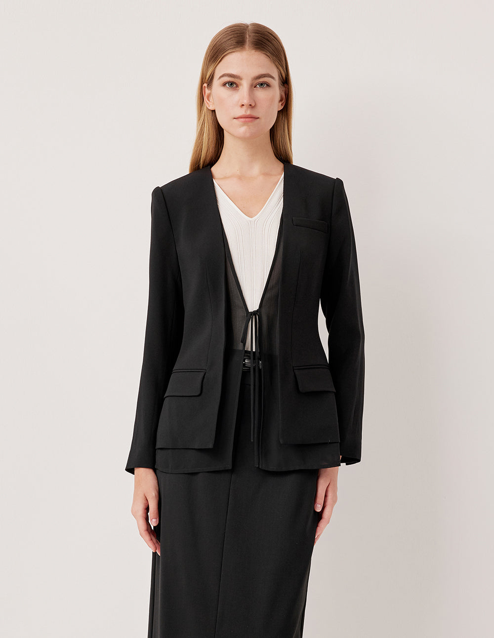 MARYLING Double-Layered Collarless Long-Sleeve Tie Silk & Triacetate Blazer