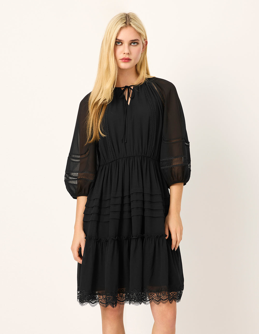 MARYLING Tie V-Neck Sheer Puff Long-Sleeves Empire-Waist Lace-Trim Flounce Silk Midi Dress