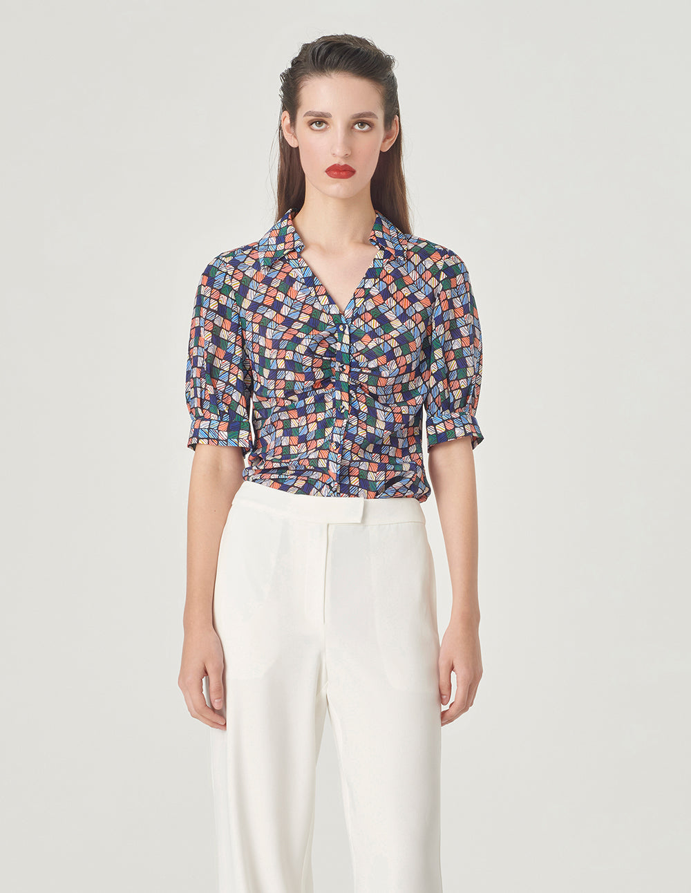 MARYLING V-Neck Shirt Silk Printed Top