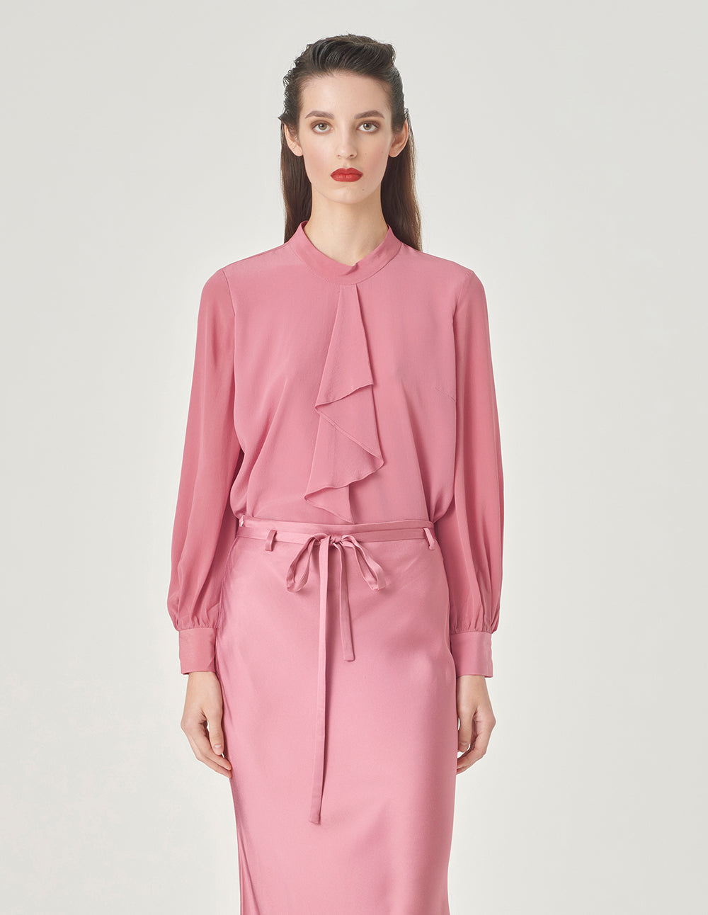 MARYLING Pink Stand Collar Ruffle Top