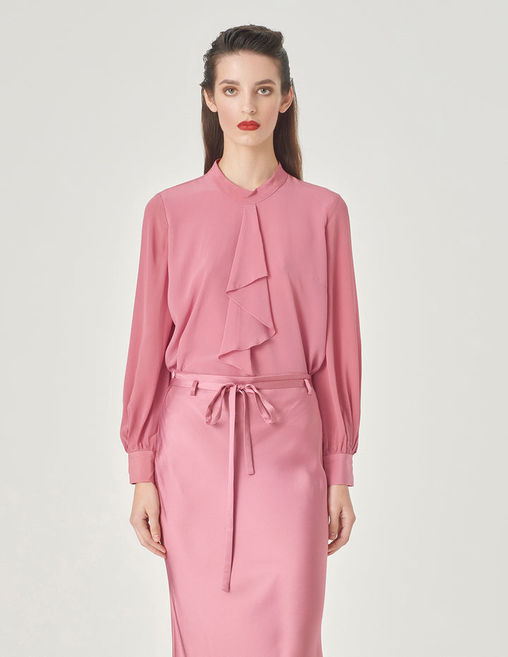 MARYLING Pink Stand Collar Ruffle Top