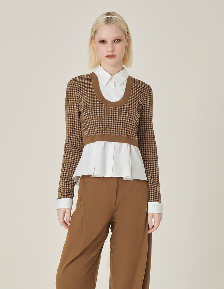 MARYLING Camel Checkered Patchwork Knit Blouse