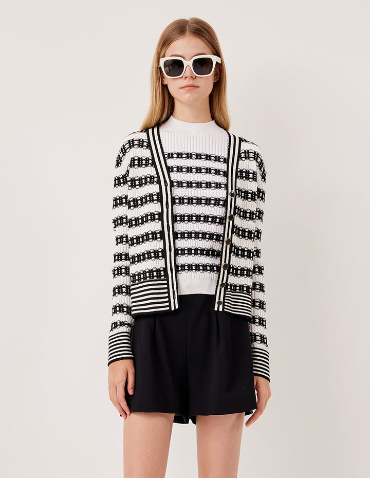 MARYLING V-Neck Long Sleeve Lace Textured Stripe Knit Cardigan