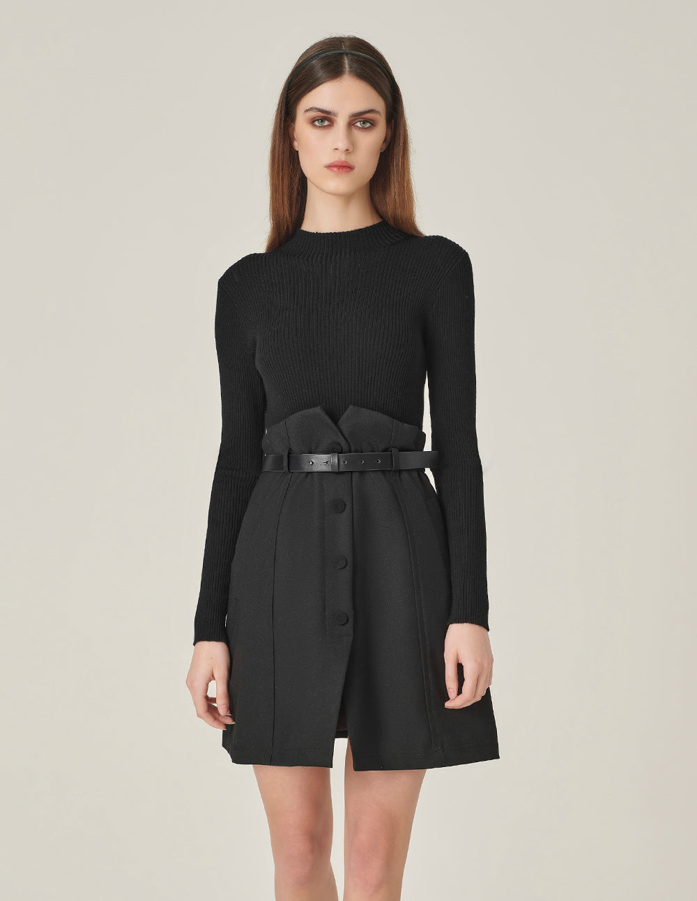 MARYLING Black Faux Wool Knit Slit Dress