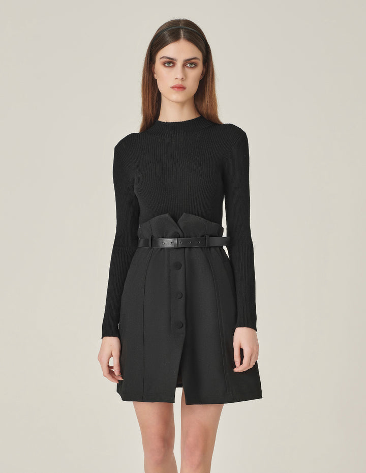 MARYLING Black Faux Wool Knit Slit Dress