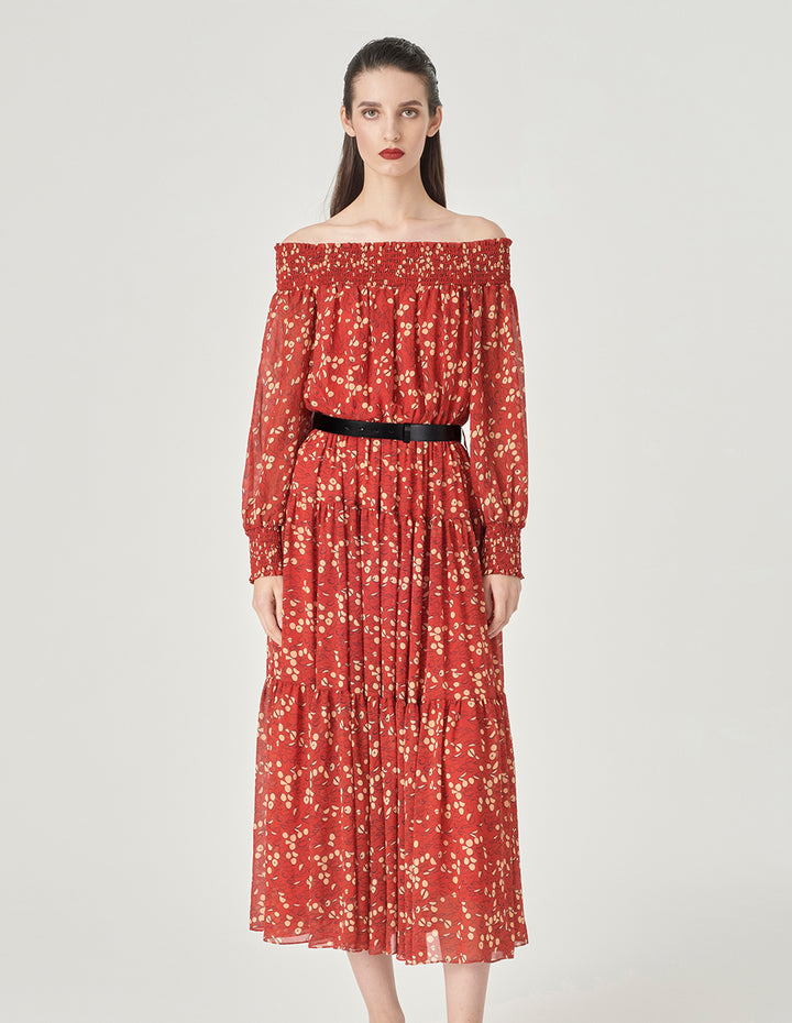 MARYLING Bateau Collar Printed Long Sleeve Dress