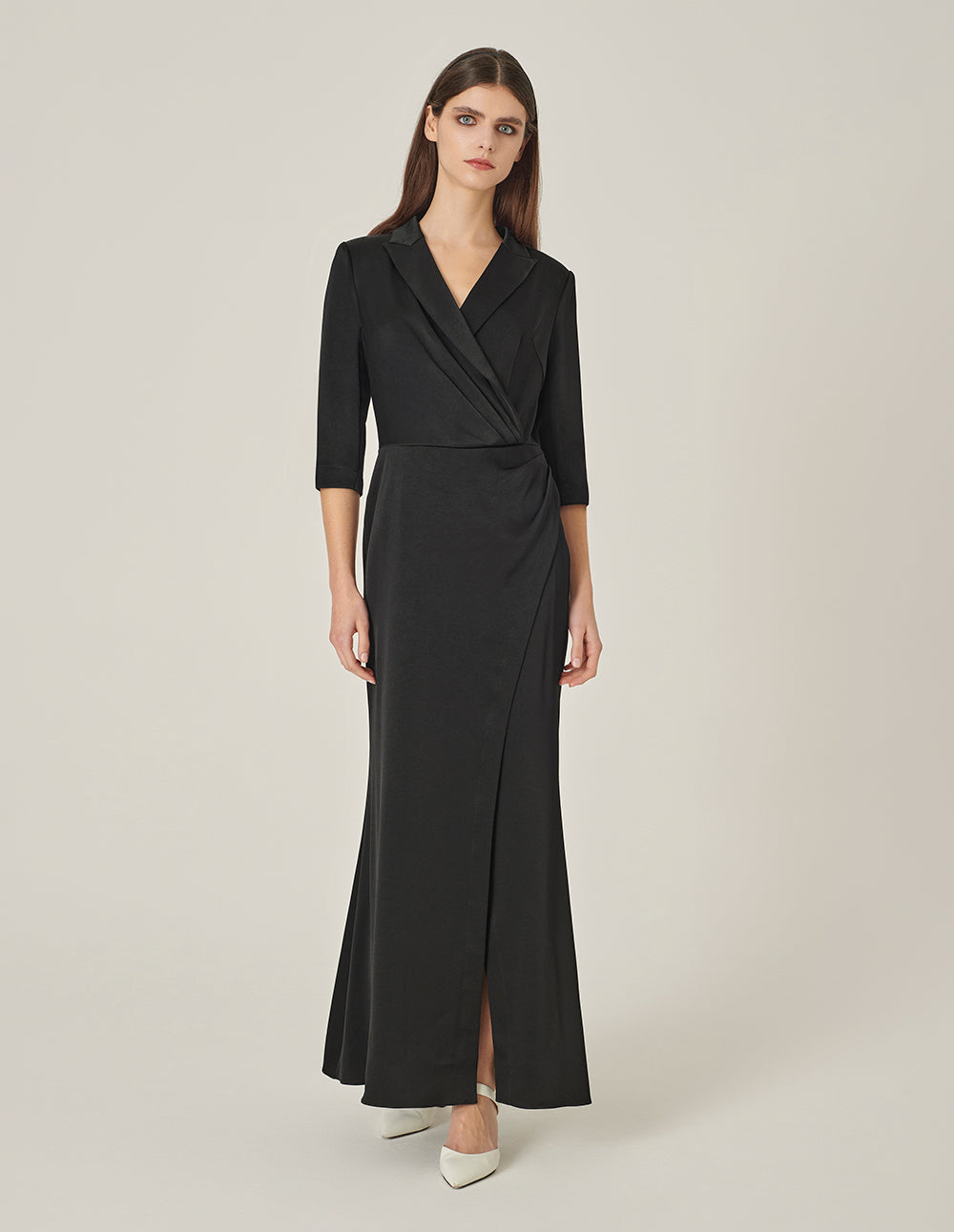 MARYLING Black Lapel Mid-Sleeve Slit Fishtail Evening-Dress