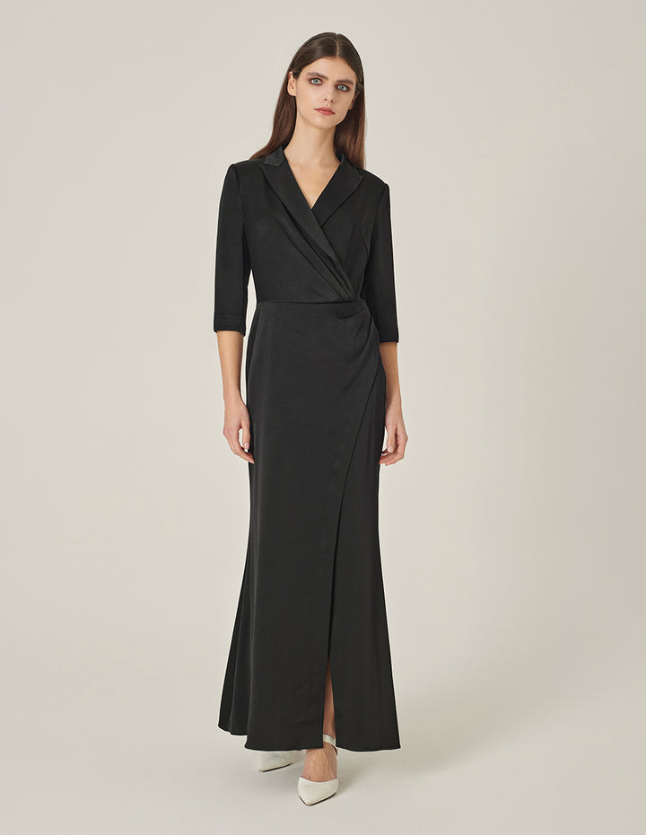 MARYLING Black Lapel Mid-Sleeve Slit Fishtail Evening-Dress