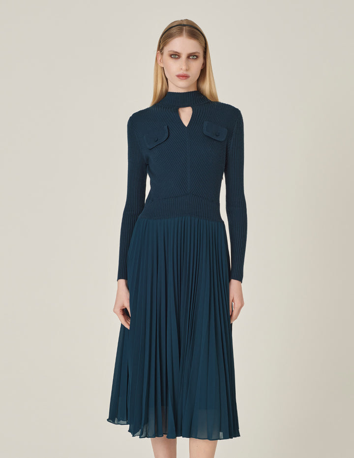 MARYLING High Collar Long Sleeve Knitted Patchwork Pleated Midi Peacock Green Dress