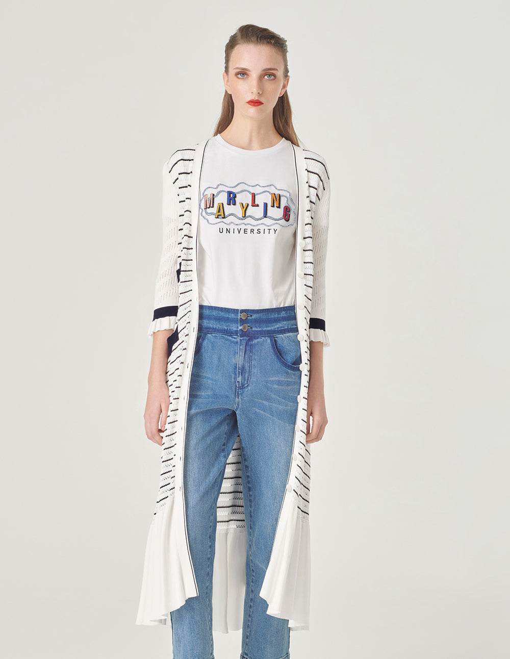 MARYLING Contrast Colour V-Neck Long Knitted Cardigan