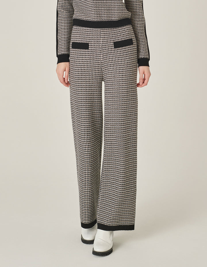 MARYLING Black And White Houndstooth Knitted Straight Wide-Leg Pants