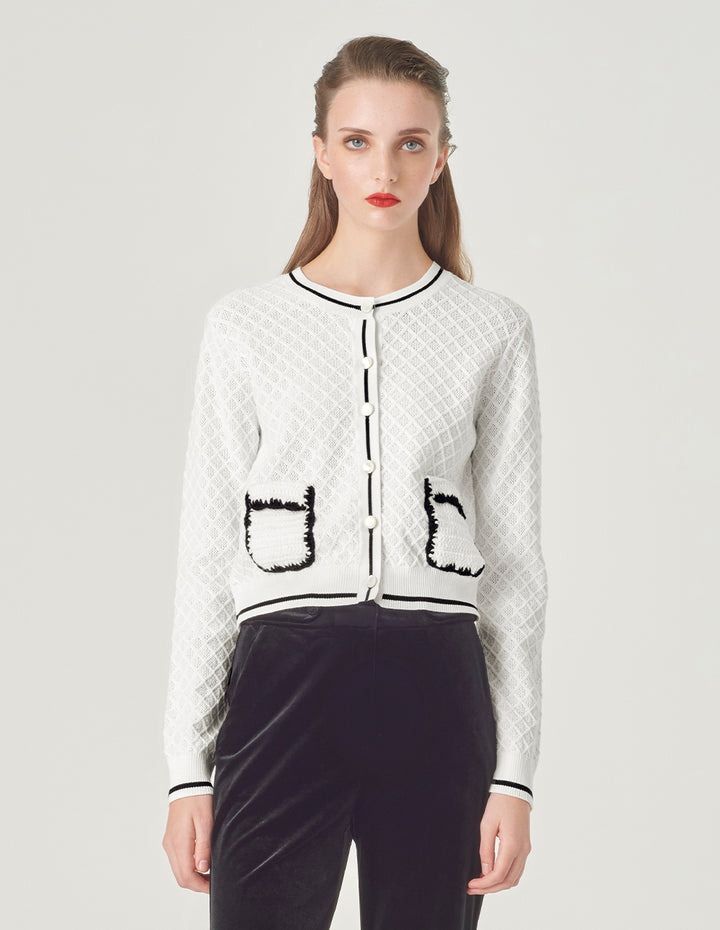 MARYLING Round Neck White Knitted Cardigan