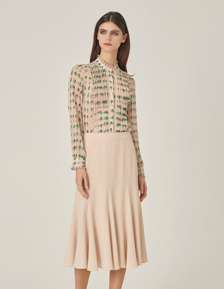 MARYLING Small Stand Collar Ruffle Tree-Printed Top