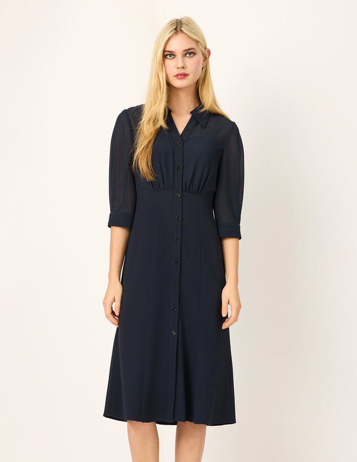 MARYLING Spliced Transparent Georgette Half-Sleeve Midi Shirt Dress