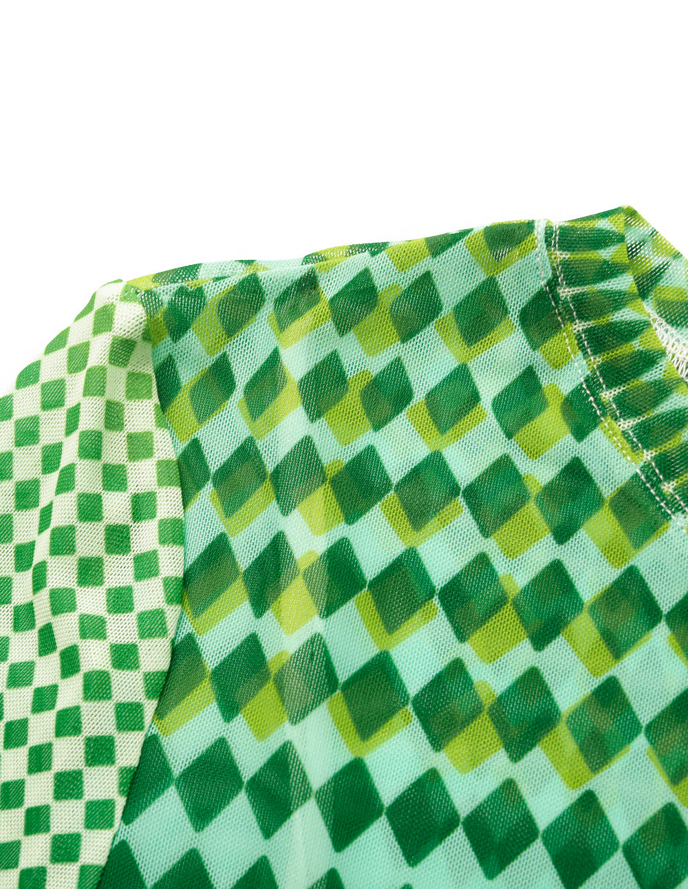 MARYLING Round-Neck Long-Sleeve Slim Green Gingham Art Print Top