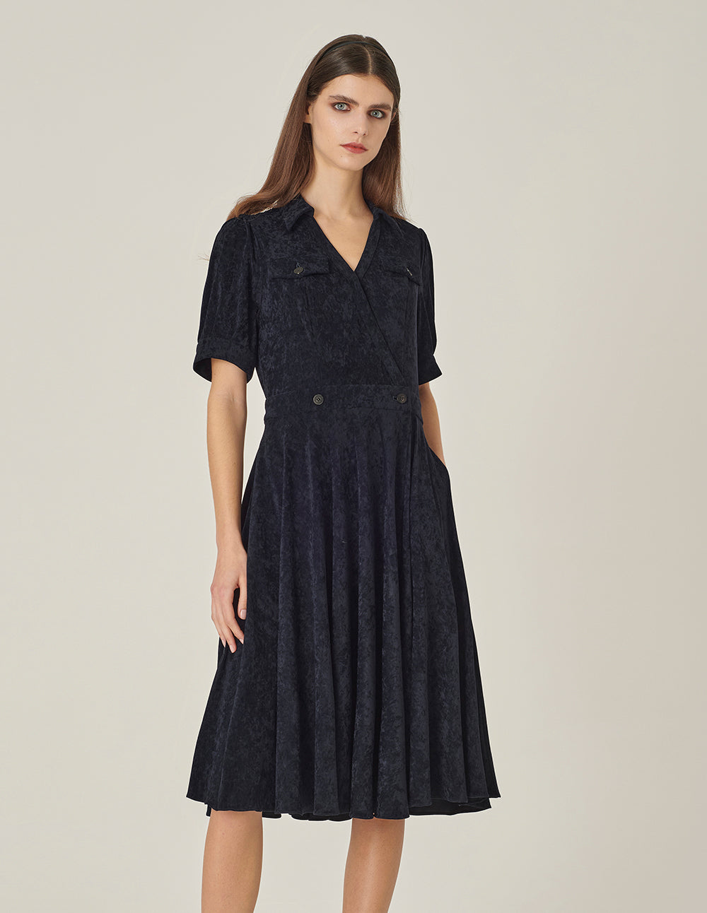 MARYLING V-Neck Short Sleeve Dark Blue Wrap Dress