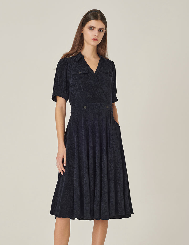 MARYLING V-Neck Short Sleeve Dark Blue Wrap Dress