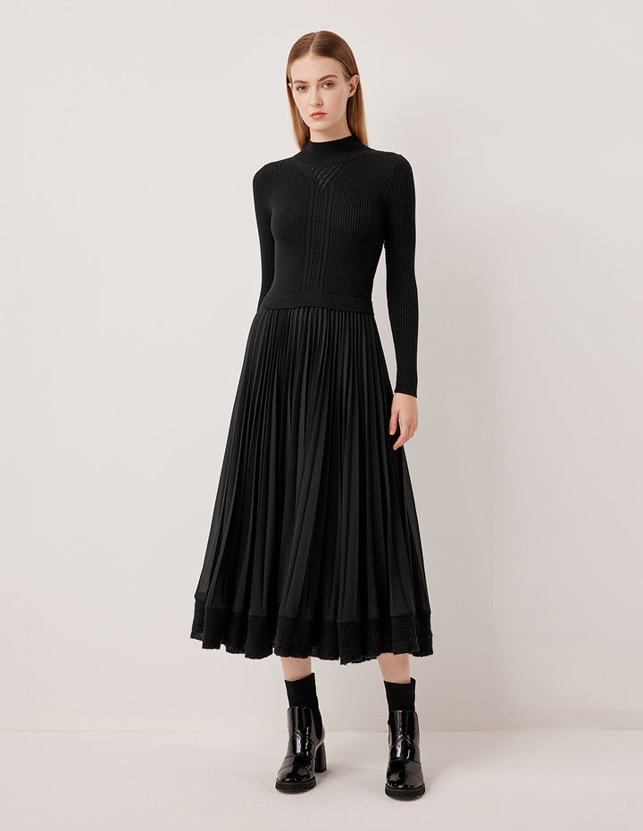 MARYLING Round Neck Long Sleeve Patchwork Wool Pleated Midi Knit Dress