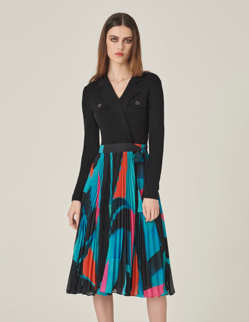 MARYLING Lapel Knitted Patchwork Printed Pleated Midi Dress