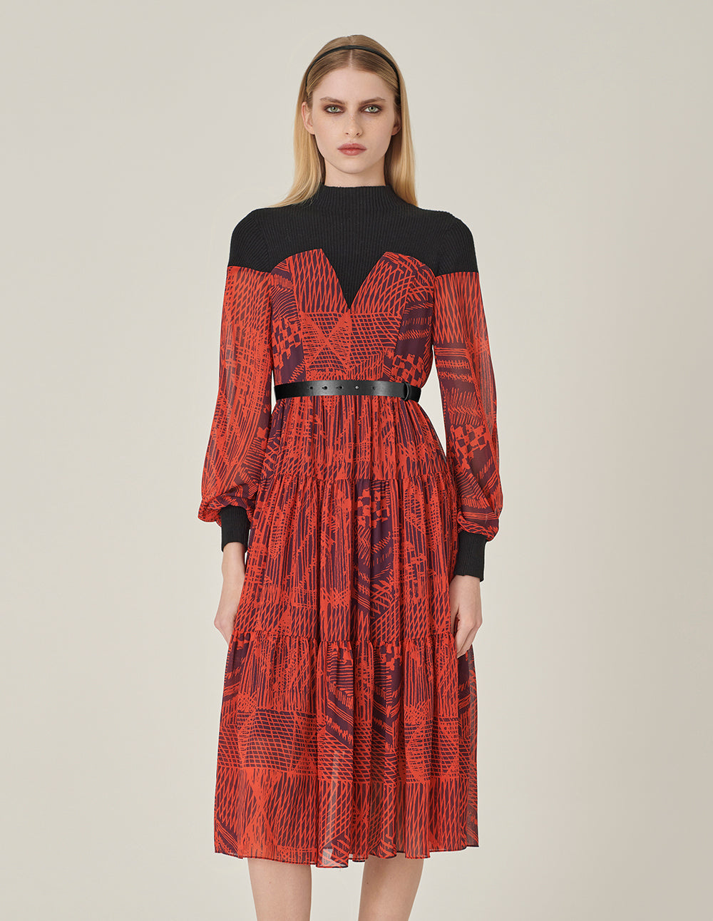 MARYLING Patchwork Knit Print Midi Dress