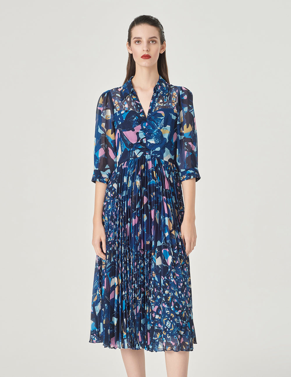 MARYLING V-Neck Shirt Style Printed Half-Sleeves Midi Dress