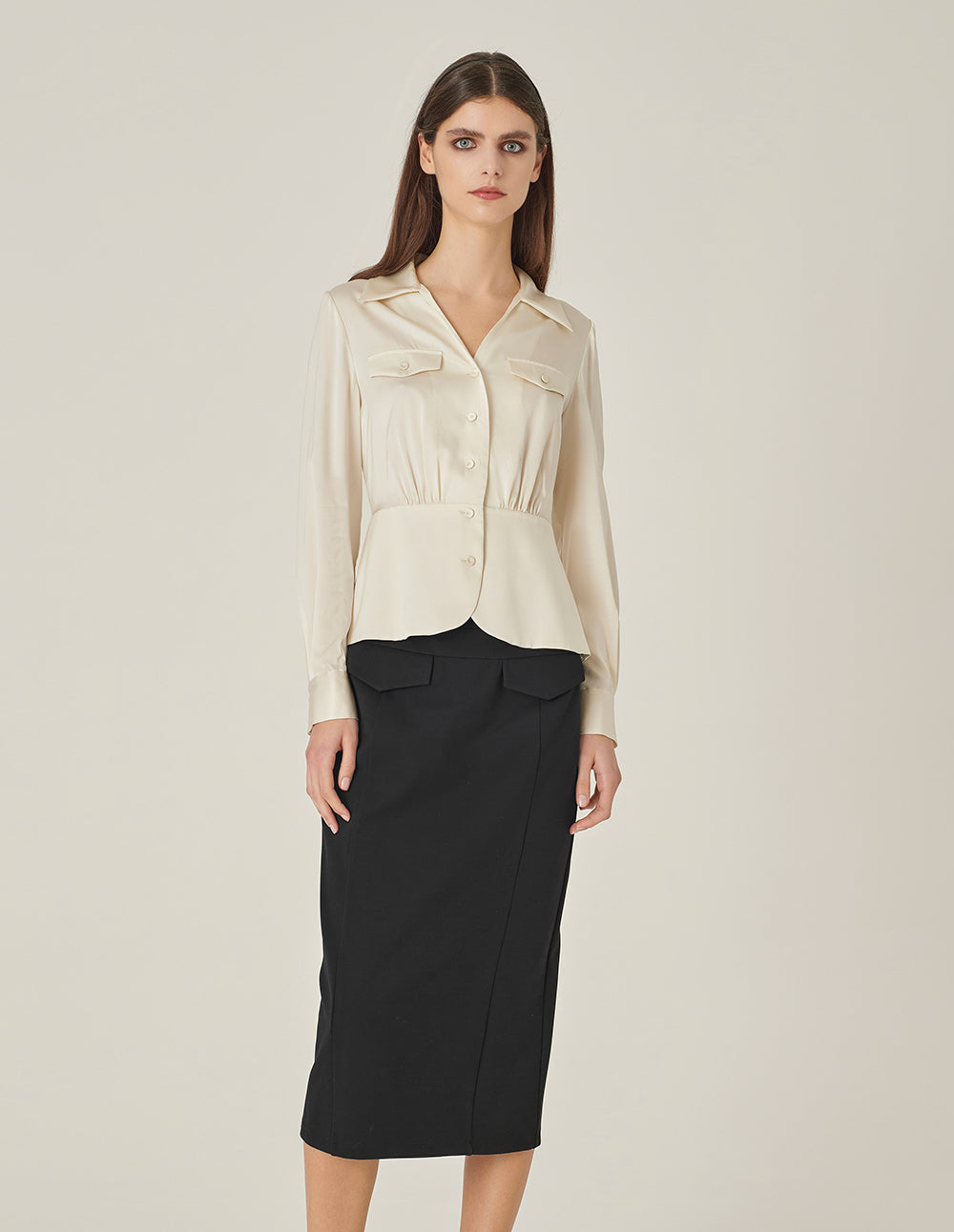 MARYLING V-Shaped Shirt-Collar Waisted Cream Silk Top