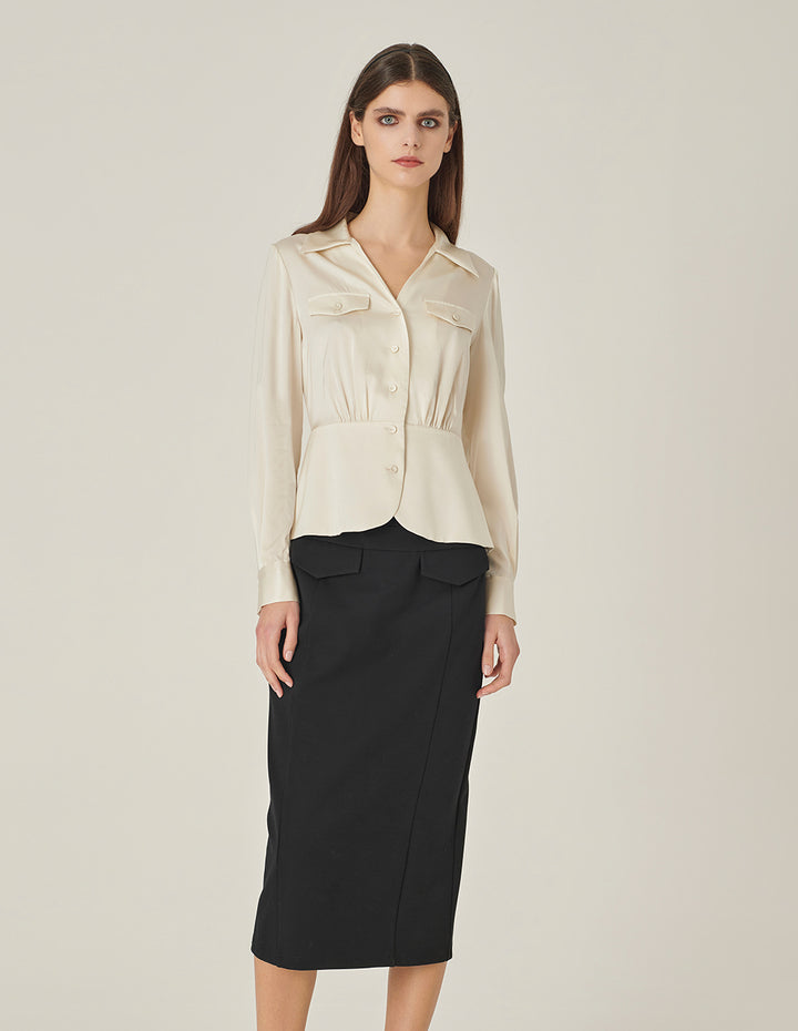 MARYLING V-Shaped Shirt-Collar Waisted Cream Silk Top