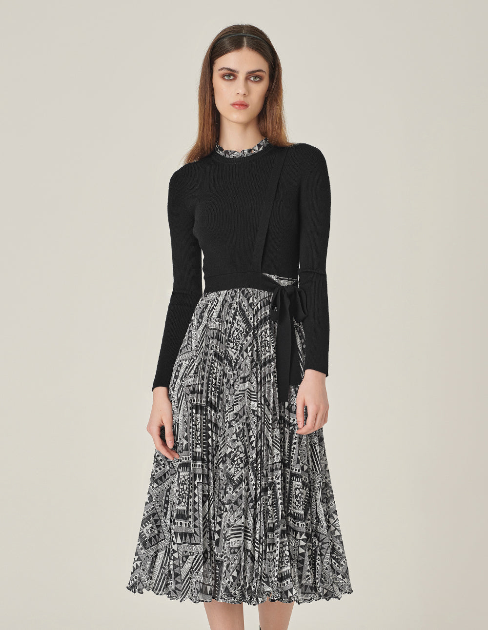 MARYLING Ruffle Collar Long-Sleeve Printed Patchwork Knitted Midi Dress