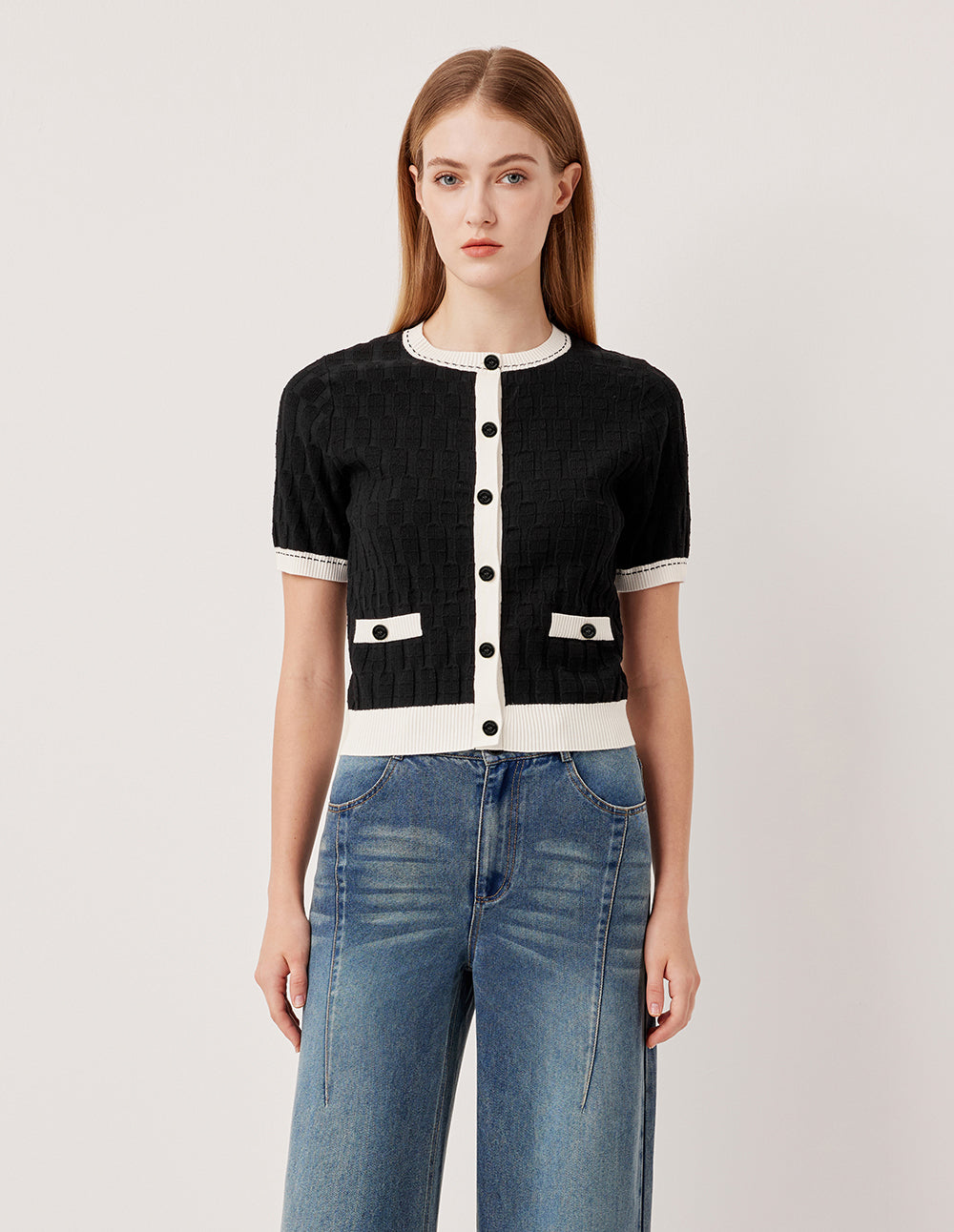 MARYLING Round Neck Half Sleeve White-Trimmed Knit Cardigan