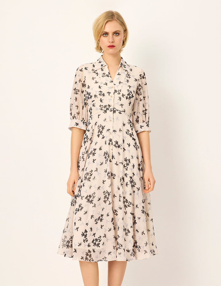 MARYLING Palm Tree Print Short Sleeve Pleated Midi Dress