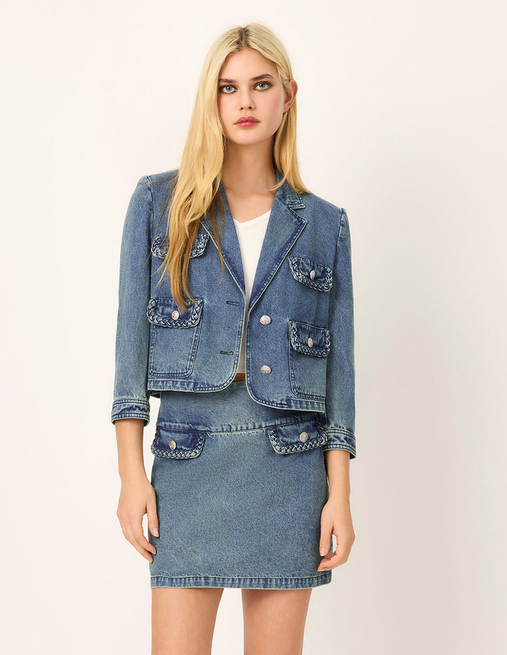 MARYLING High-Waist Front-Pockets Wash Denim Blue Skirt