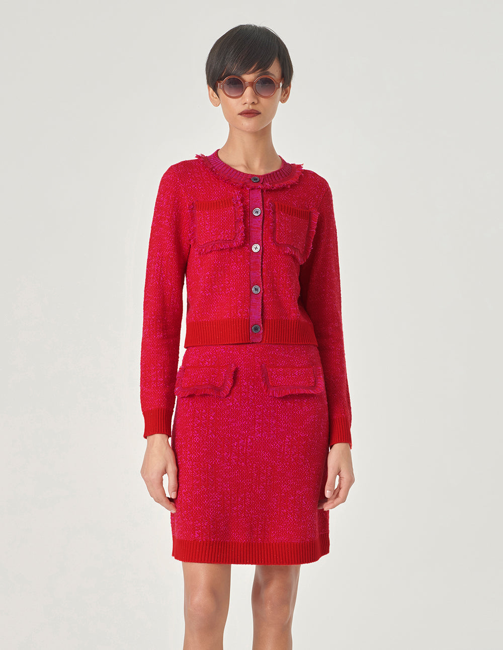 MARYLING Berry Red Crew Neck Knitted Cardigan