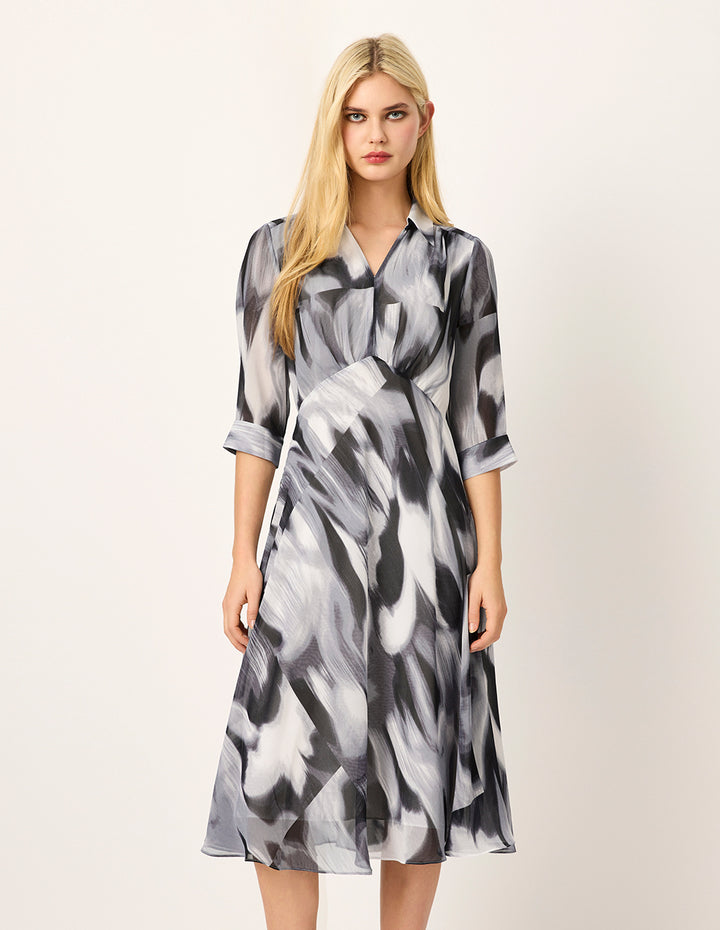 MARYLING Lapel Half-Sleeve Empire-Waist Ink Print Pleated Mid Shirt Dress