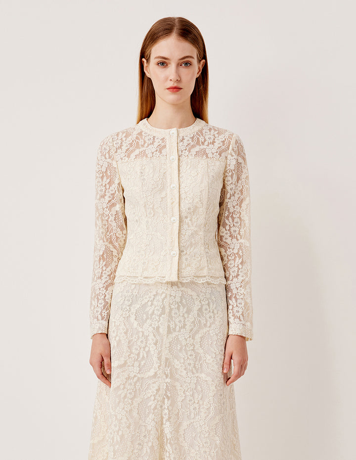 MARYLING Round Neck Lace Embroidered Sequin Long Sleeve Top