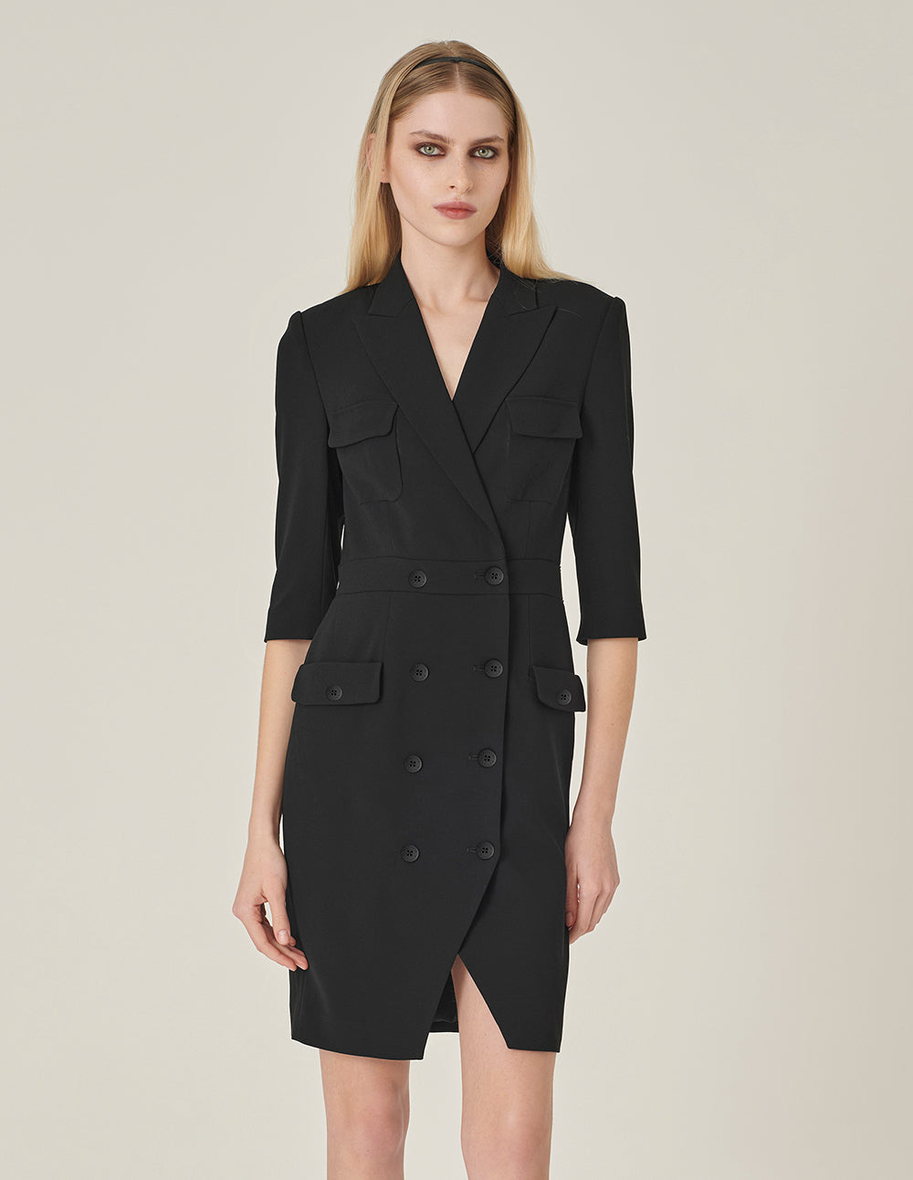MARYLING Black Lapel Double-Breasted Suit Dress