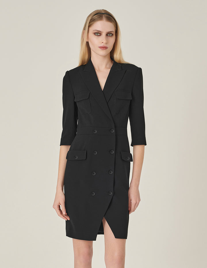 MARYLING Black Lapel Double-Breasted Suit Dress