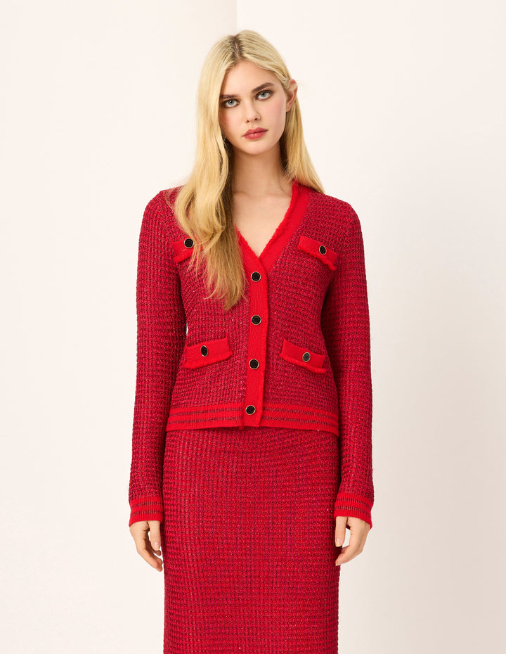 MARYLING Bright Red Mutil-Pockets Cropped Knit Cardigan