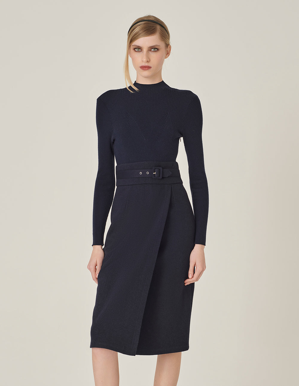 MARYLING Crew-Neck Long Sleeve Patchwork Sheath Slits Midi Knitted Wool Dress