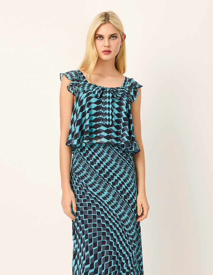 MARYLING Square Neck Sleeveless Geometric Print Top