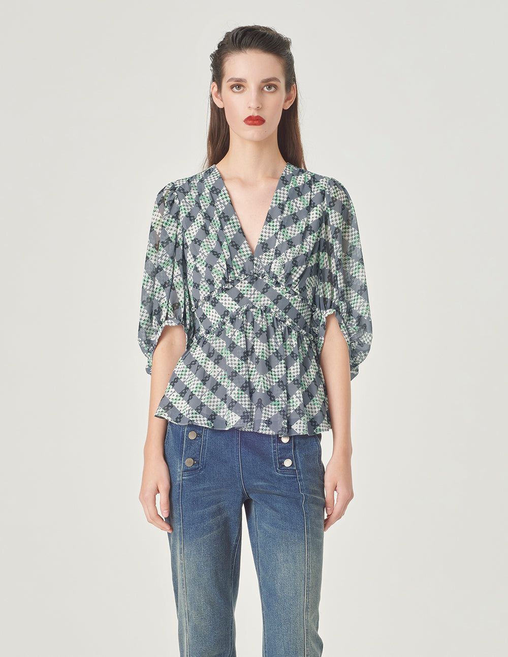 MARYLING Black And Grey Striped V-Neck Top