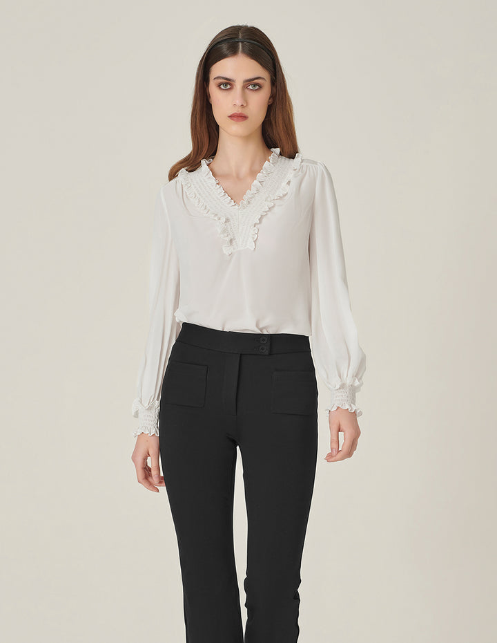 MARYLING V-Neck Ruffle Long-Sleeve Silk Top