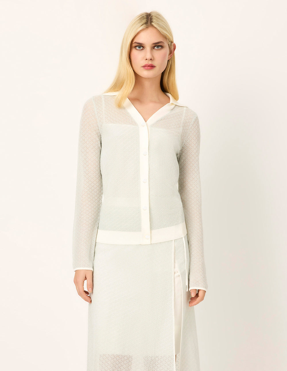 MARYLING Lapel Long Sleeve White Stripe-Trimmed Knitted Cardigan