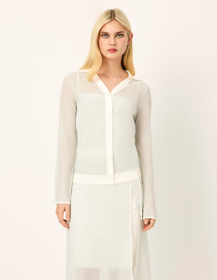 MARYLING Lapel Long Sleeve White Stripe-Trimmed Knitted Cardigan